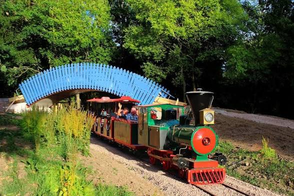 Green and yellow Safari Train carriages carrying families along the trail at Clyde Valley Family Park